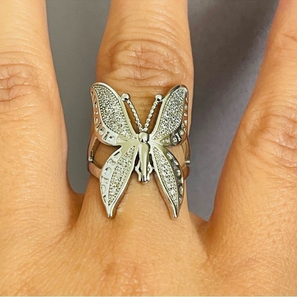 Silver Butterfly Ring Cubic Zirconia Adjustable - Picture 4 of 5